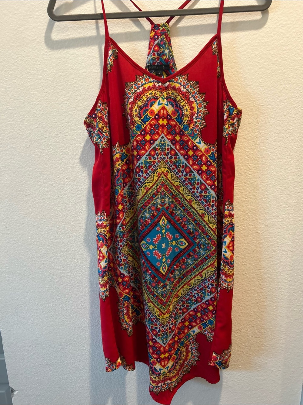 BeBop Red Boho Print Spaghetti Strap Mini Dress